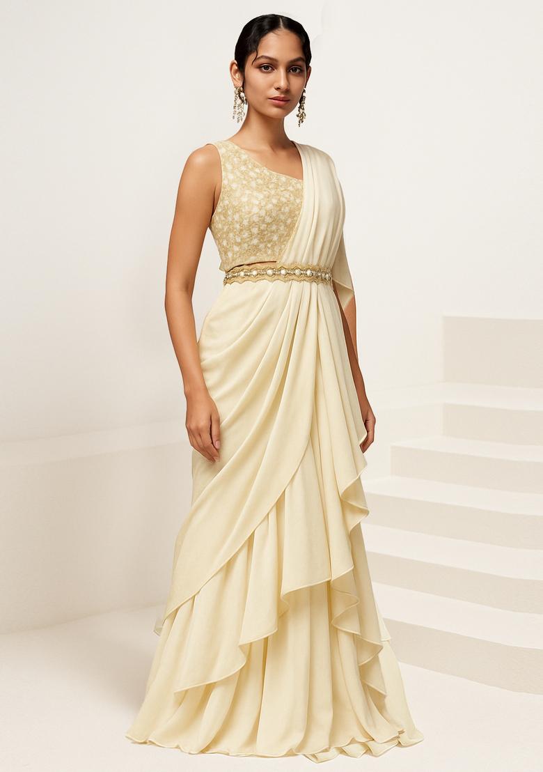 Cream Georgette Embellished Blouse Pre Draped Saree Set