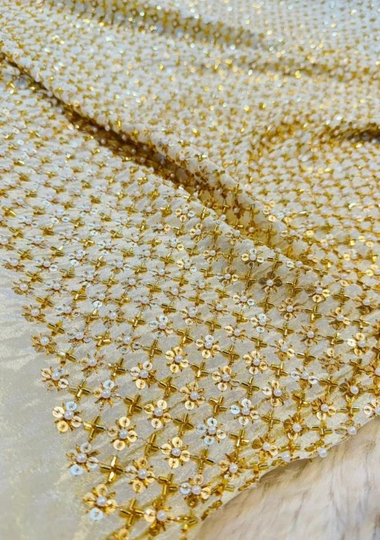 Cream Georgette Embellished Blouse Pre Draped Saree Set