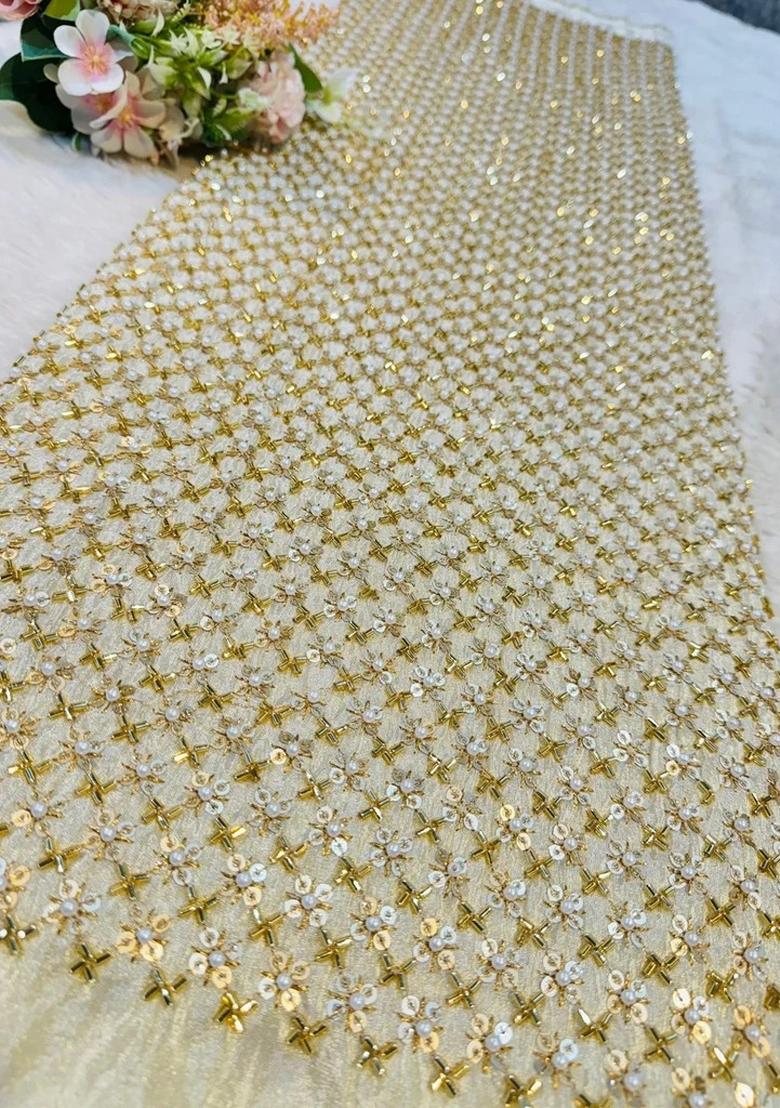 Beige Georgette Embellished Blouse Pre Draped Saree Set - Indya