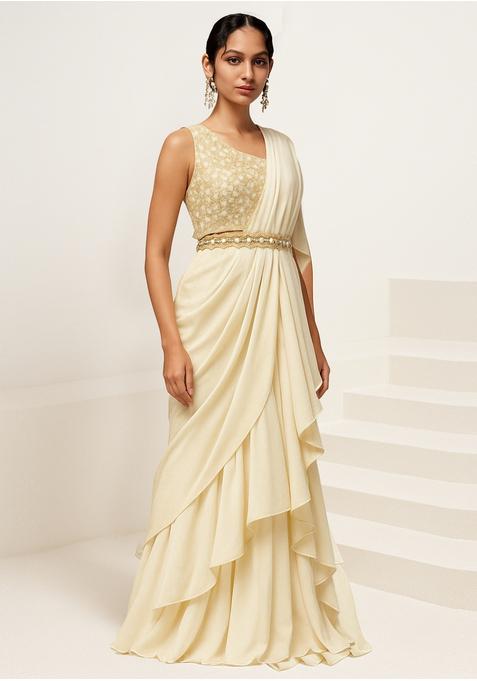 Cream Georgette Embellished Blouse Pre Draped Saree Set
