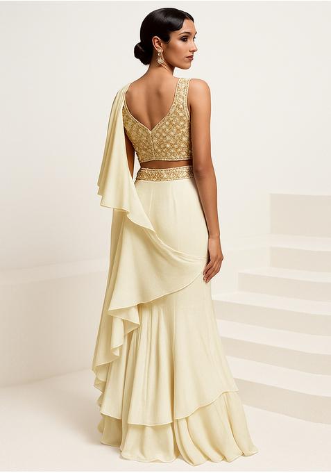 Cream Georgette Embellished Blouse Pre Draped Saree Set