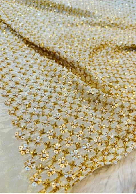 Cream Georgette Embellished Blouse Pre Draped Saree Set