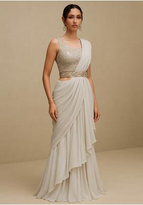 Beige Georgette Embellished Blouse Pre Draped Saree Set