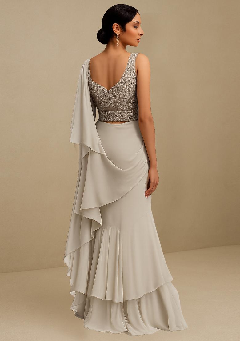 Beige Georgette Embellished Blouse Pre Draped Saree Set - Indya