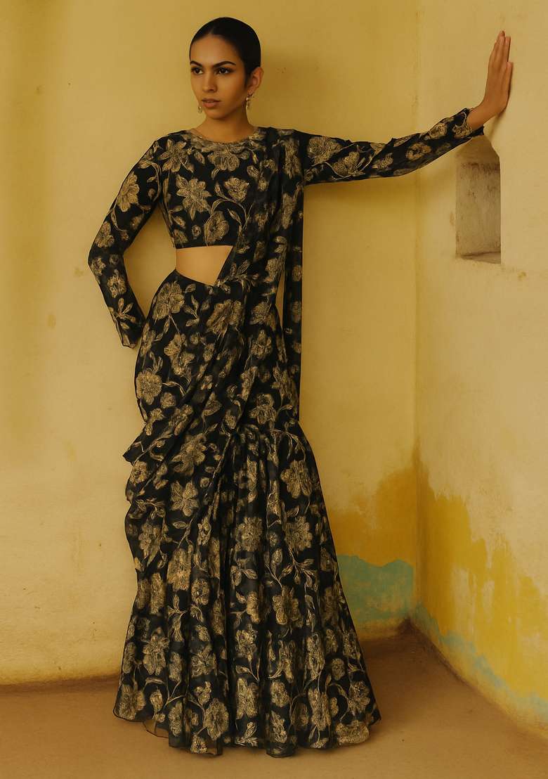 Black Satin Georgette Printed Pre Draped Saree Set - Indya