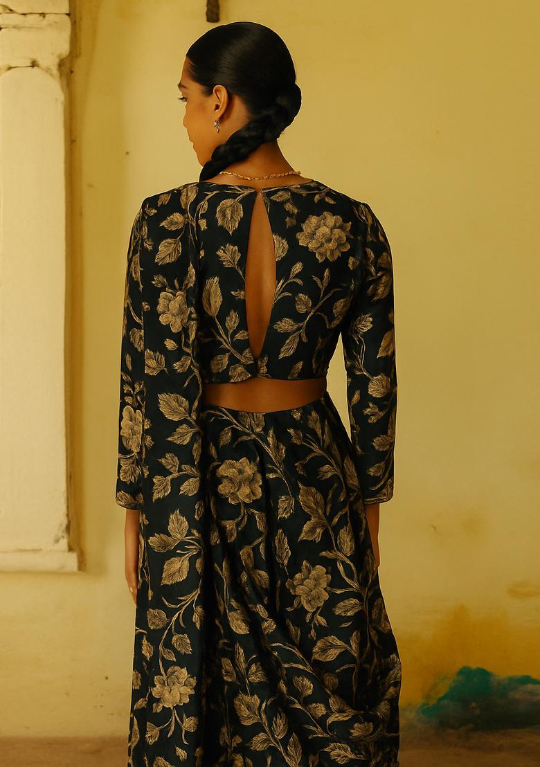 Black Satin Georgette Printed Pre Draped Saree Set - Indya