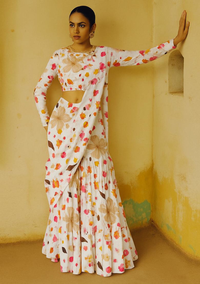 Off White Satin Georgette Printed Pre Draped Saree Set