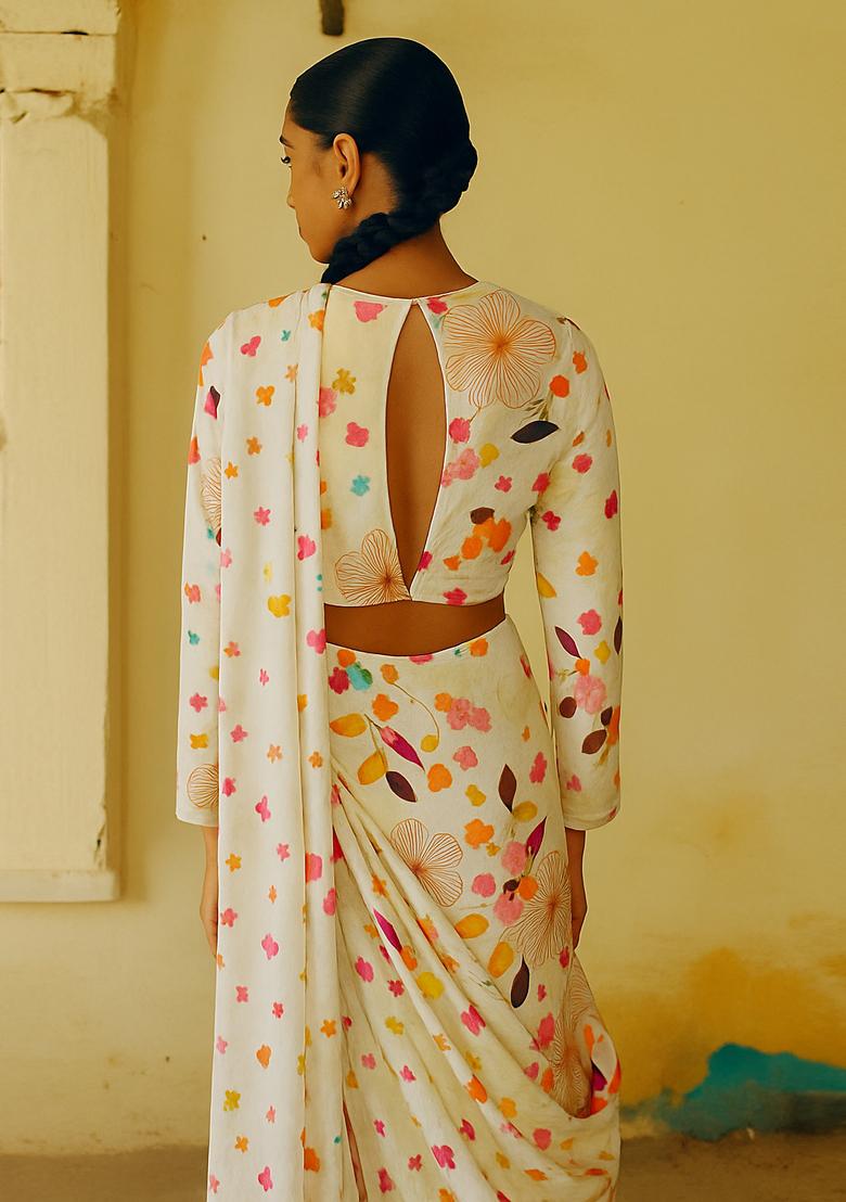 Beige Satin Georgette Printed Pre Draped Saree Set - Indya