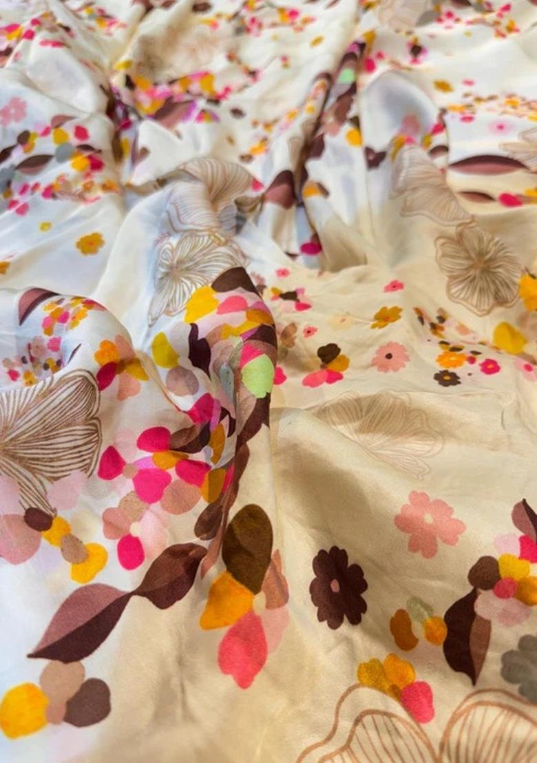 Off White Satin Georgette Printed Pre Draped Saree Set