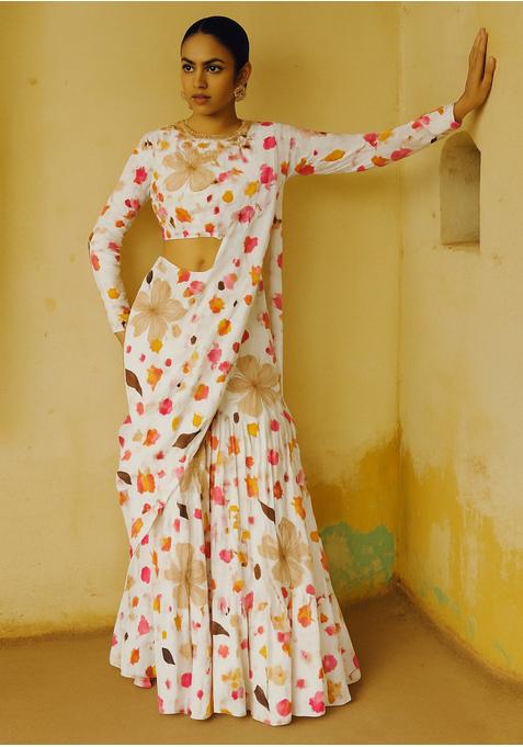 Off White Satin Georgette Printed Pre Draped Saree Set