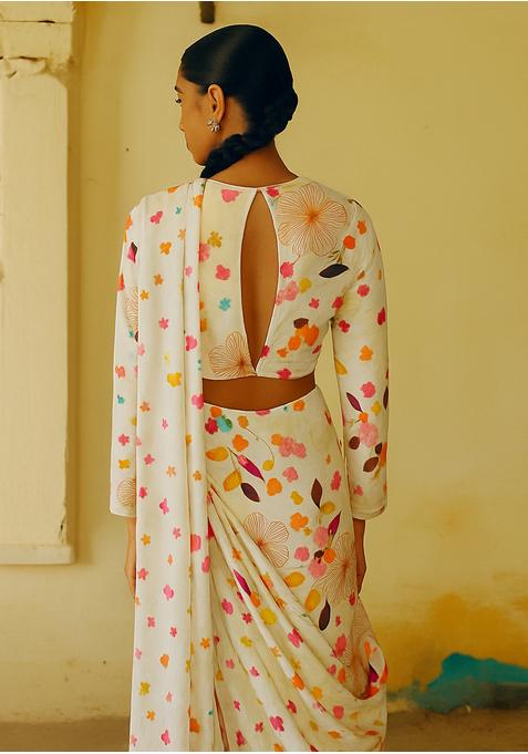 Off White Satin Georgette Printed Pre Draped Saree Set