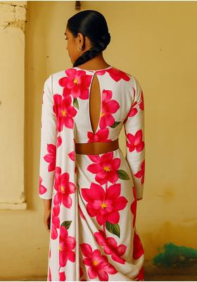 White Satin Georgette Printed Pre Draped Saree Set