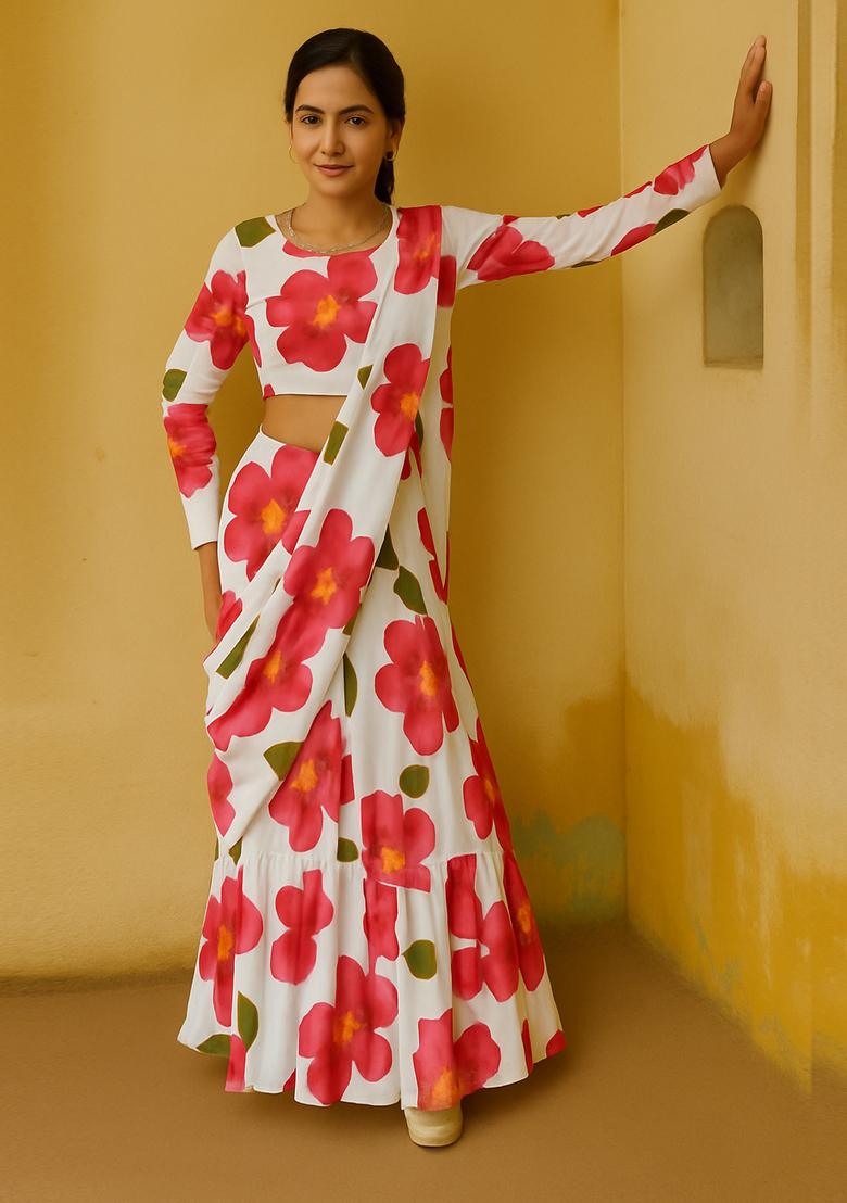 White Satin Georgette Printed Pre Draped Saree Set - Indya