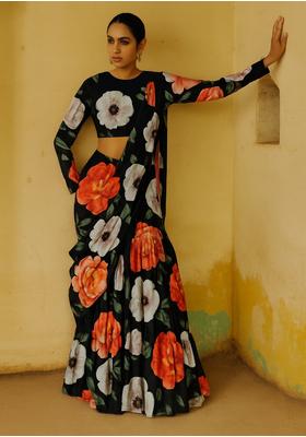 Black Satin Georgette Printed Pre Draped Saree Set