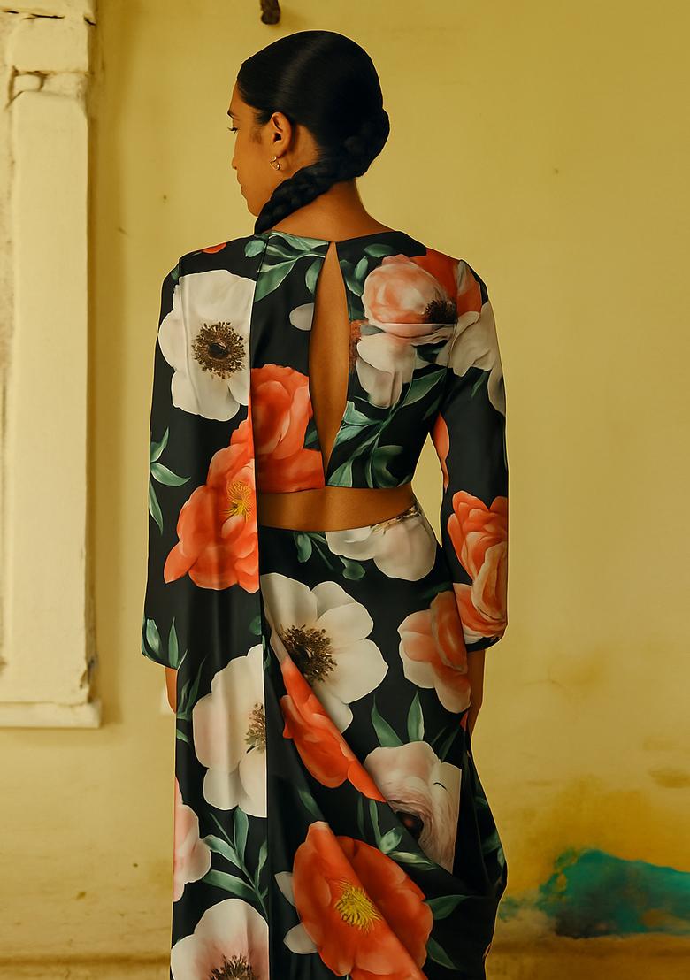 Black Satin Georgette Printed Pre Draped Saree Set - Indya