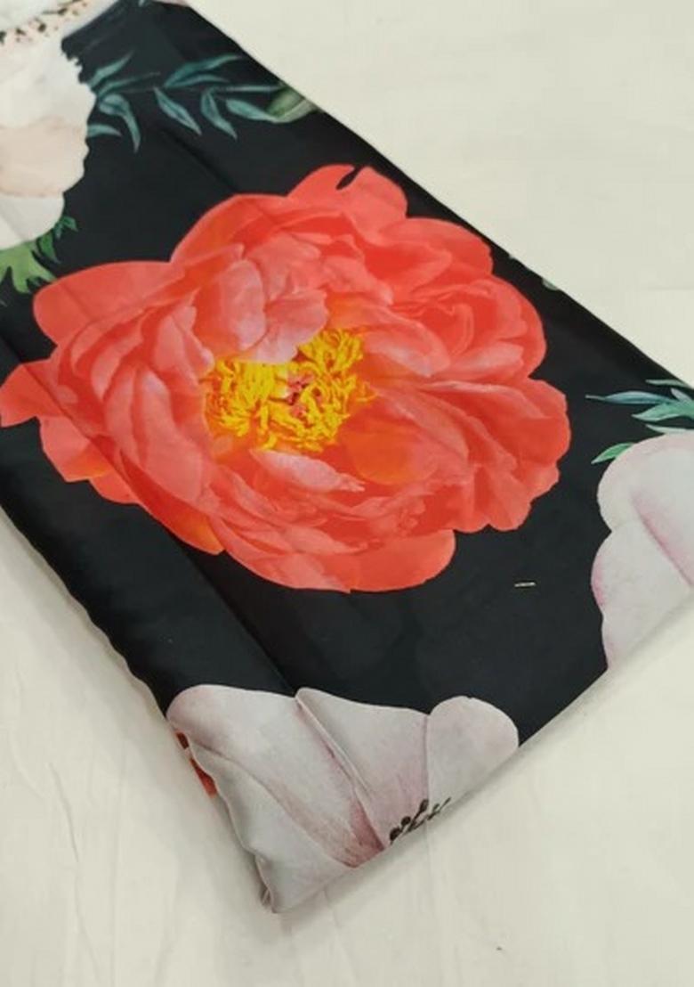 Black Satin Georgette Printed Pre Draped Saree Set - Indya