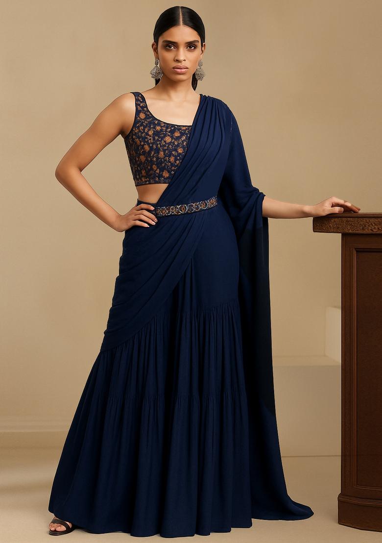 Navy Blue Georgette Embroidered Blouse Pre Draped Saree Set