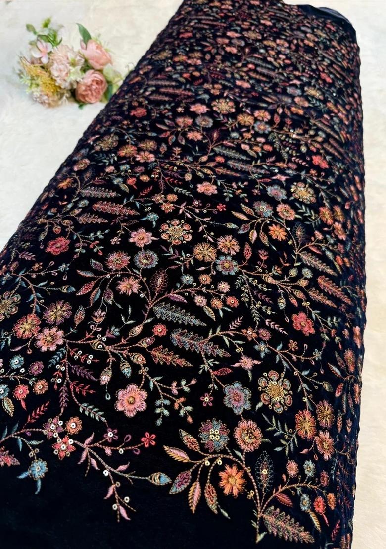 Navy Blue Georgette Embroidered Blouse Pre Draped Saree Set