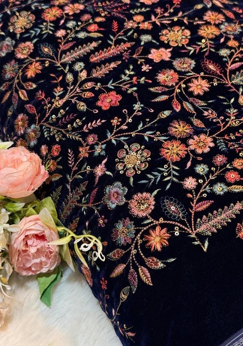 Navy Blue Georgette Emrboidered Blouse Pre Draped Saree Set - Indya