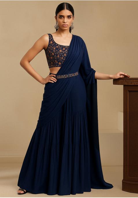 Navy Blue Georgette Embroidered Blouse Pre Draped Saree Set