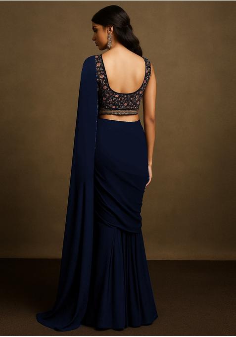 Navy Blue Georgette Embroidered Blouse Pre Draped Saree Set