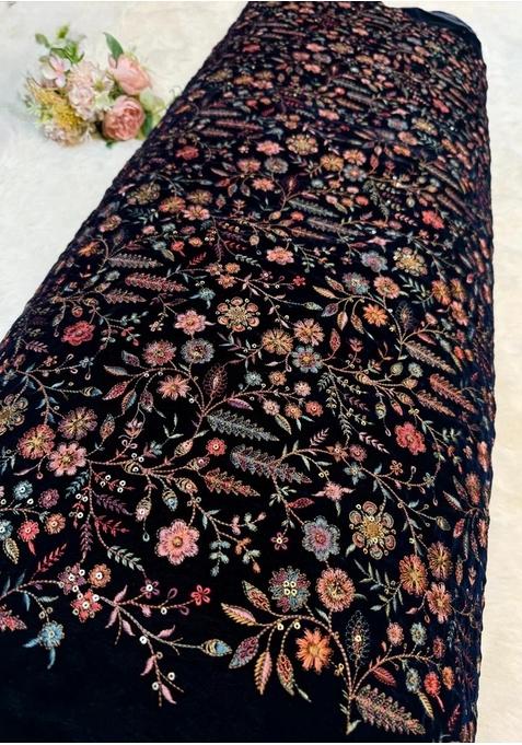 Navy Blue Georgette Embroidered Blouse Pre Draped Saree Set