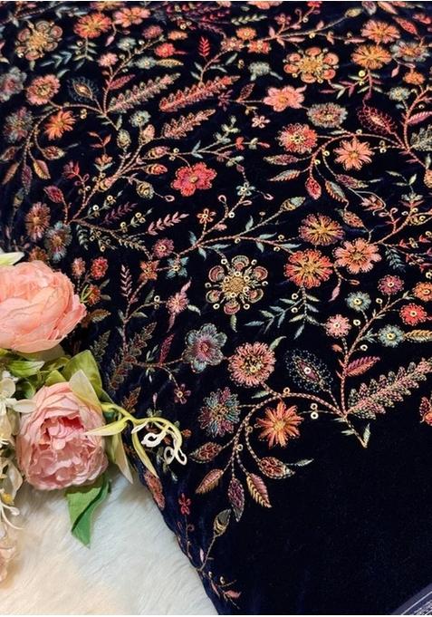 Navy Blue Georgette Embroidered Blouse Pre Draped Saree Set