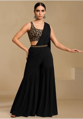 Black Georgette Emrboidered Blouse Pre Draped Saree Set