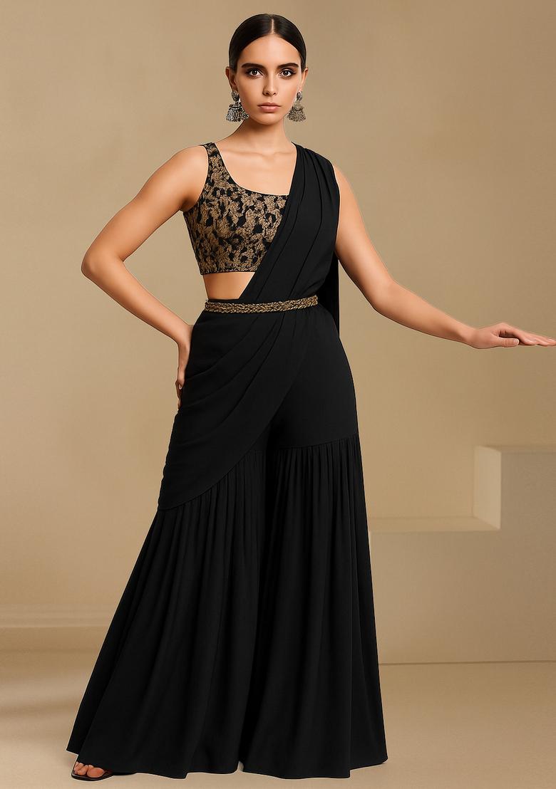 Black Georgette Embroidered Blouse Pre Draped Saree Set