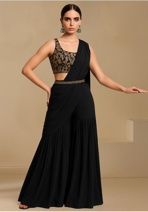 Black Georgette Embroidered Blouse Pre Draped Saree Set
