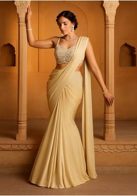 Beige Chinon Embroidered Blouse Pre Draped Saree Set
