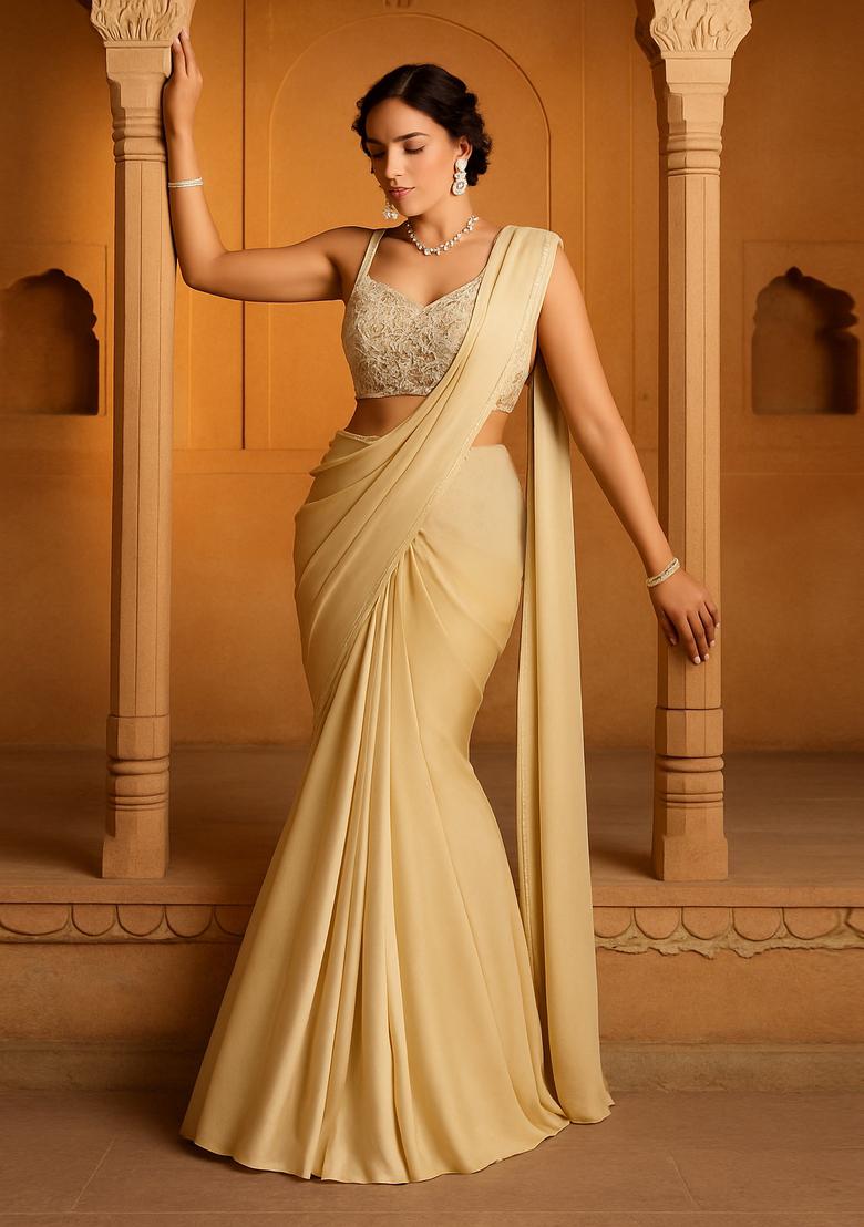 Beige Chinon Embroidered Blouse Pre Draped Saree Set