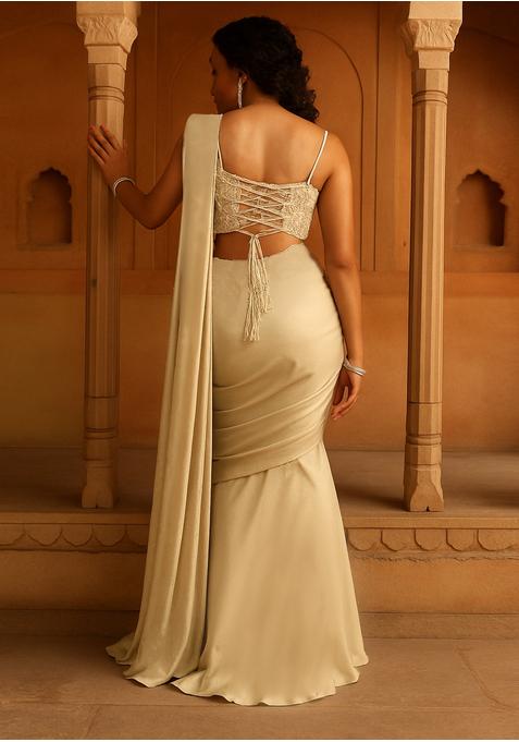 Beige Chinon Embroidered Blouse Pre Draped Saree Set