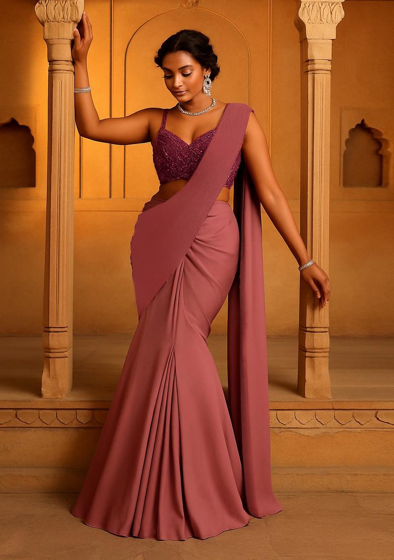 Pink Chinon Embroidered Blouse Pre Draped Saree Set