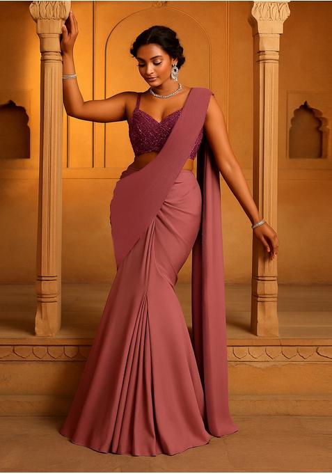 Pink Chinon Embroidered Blouse Pre Draped Saree Set