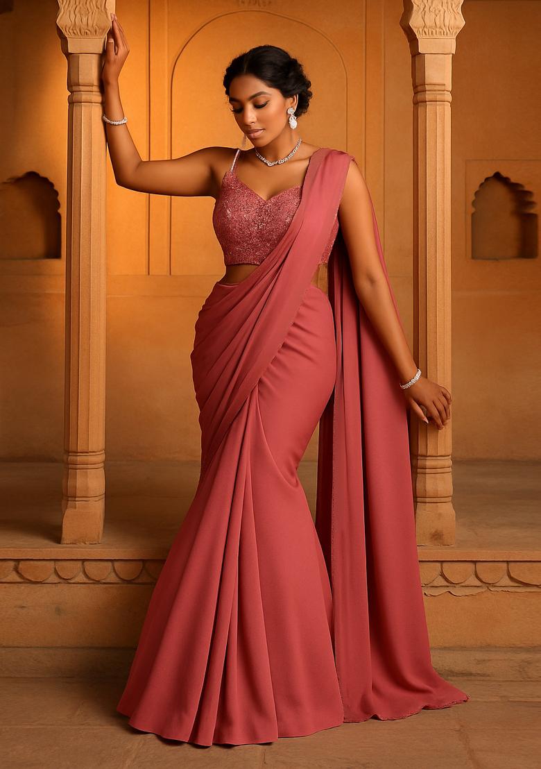 Wine Pink Chinon Embellished Blouse Pre Draped Saree Set