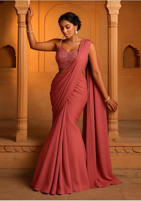 Wine Pink Chinon Embellished Blouse Pre Draped Saree Set