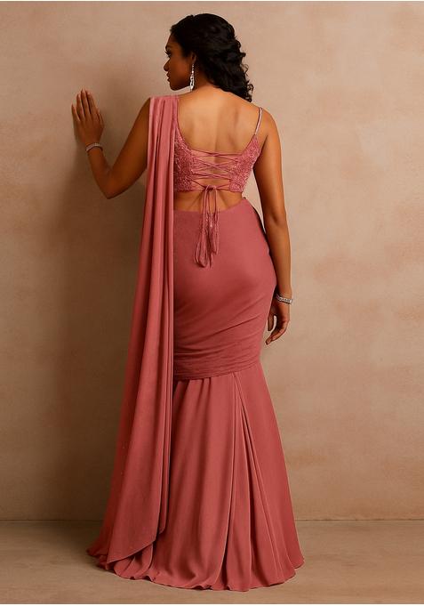 Wine Pink Chinon Embellished Blouse Pre Draped Saree Set