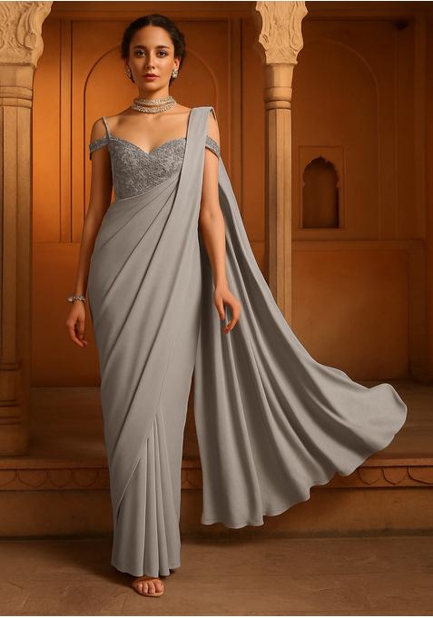 Silver Georgette Embroidered Blouse Pre Draped Saree Set