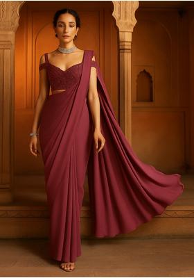 Plum Georgette Sequin Embroidered Blouse Pre Draped Saree Set