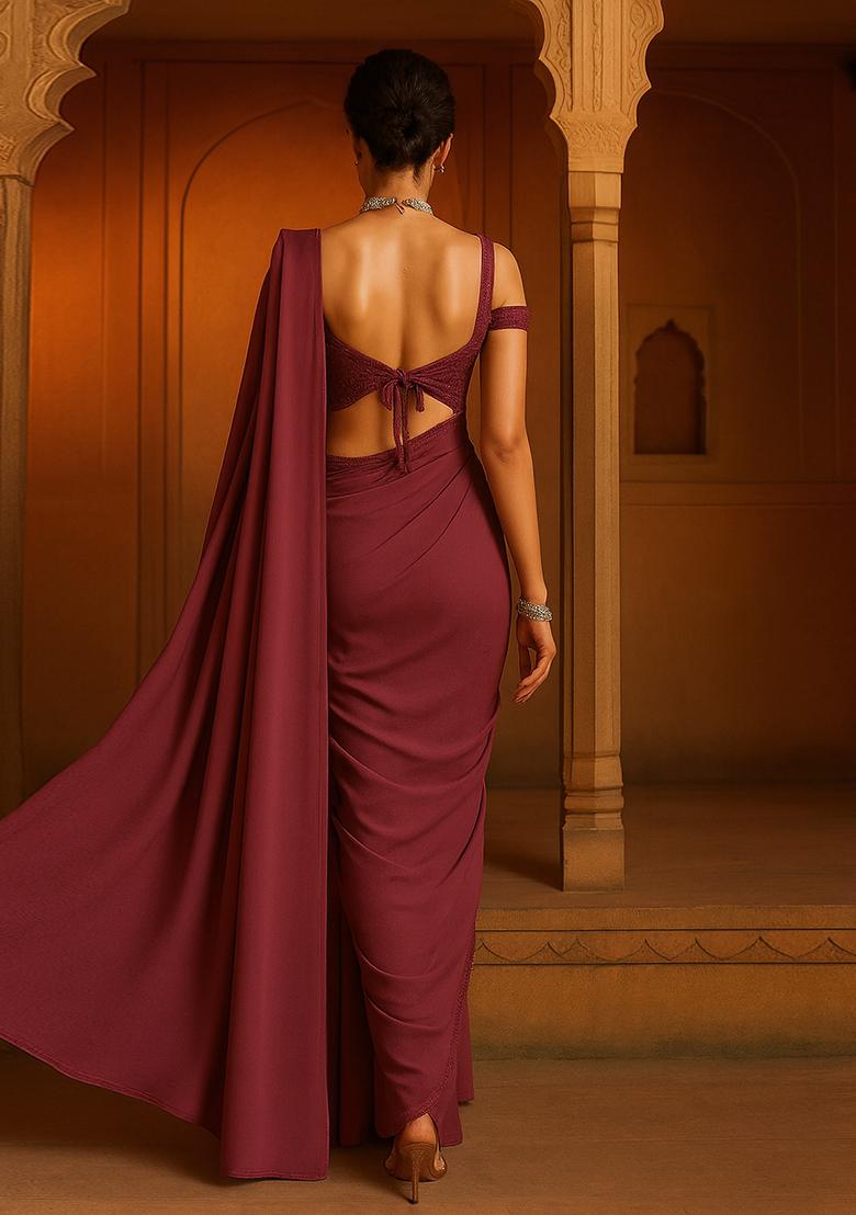 Plum Georgette Sequin Embroidered Blouse Pre Draped Saree Set - Indya