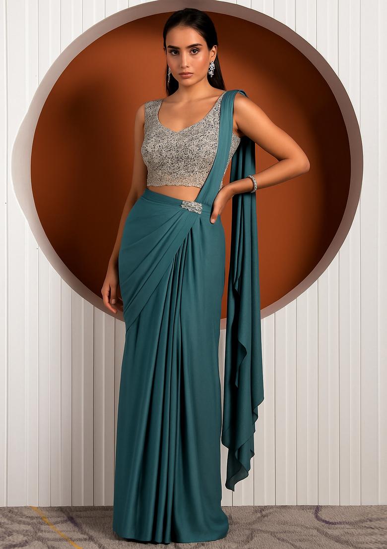 Teal Green Crepe Sequined Blouse Pre Draped Saree Set