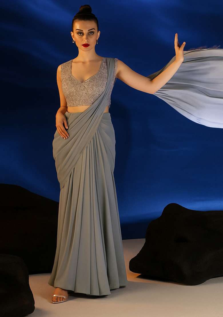 Dusy Blue Georgette Embroidered Lace Blouse Pre Draped Saree Set - Indya