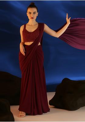 Deep Maroon Georgette Embroidered Blouse Pre Draped Saree Set