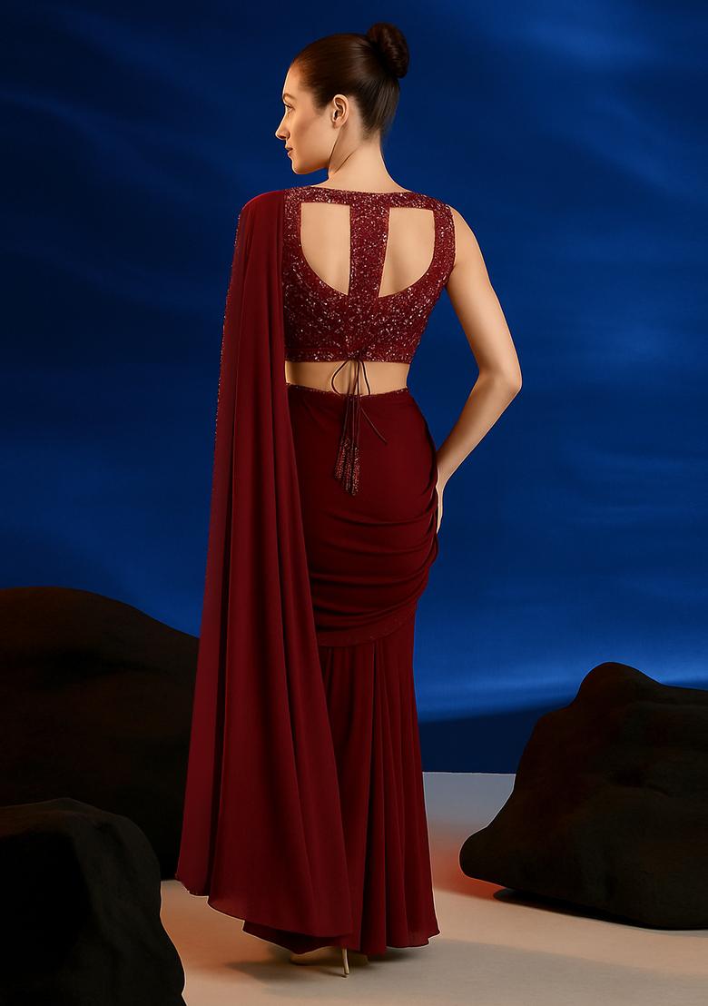 Deep Maroon Georgette Embroidered Blouse Pre Draped Saree Set