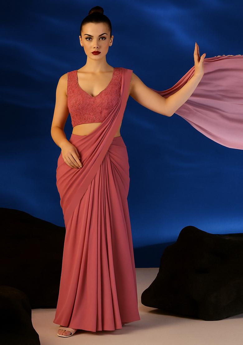 Dusty Rose Pink Georgette Embroidered Blouse Pre Draped Saree Set