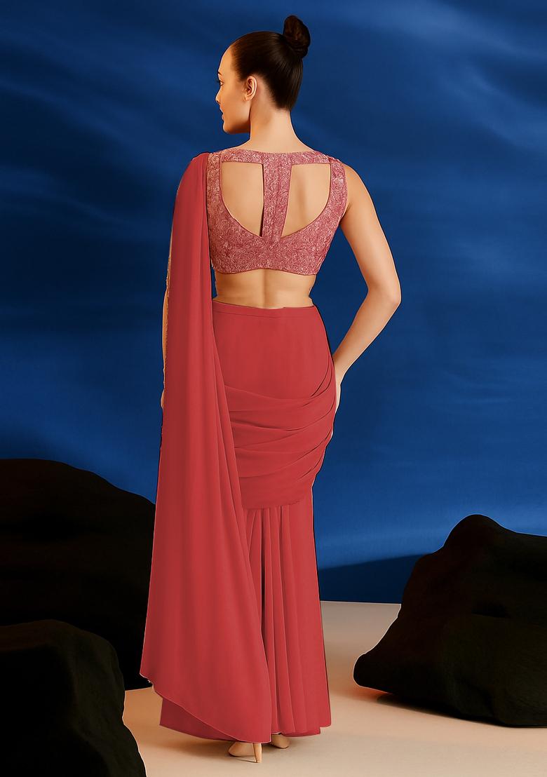 Dusty Rose Pink Georgette Embroidered Blouse Pre Draped Saree Set - Indya