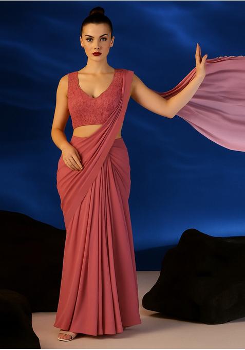 Dusty Rose Pink Georgette Embroidered Blouse Pre Draped Saree Set