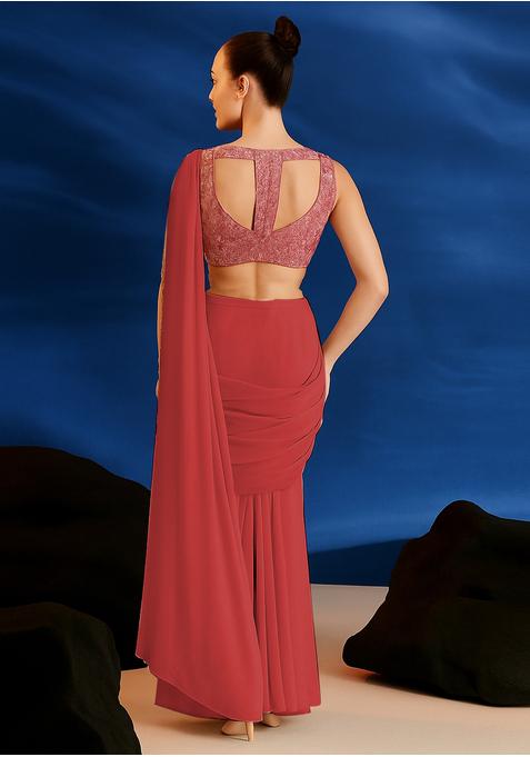 Dusty Rose Pink Georgette Embroidered Blouse Pre Draped Saree Set