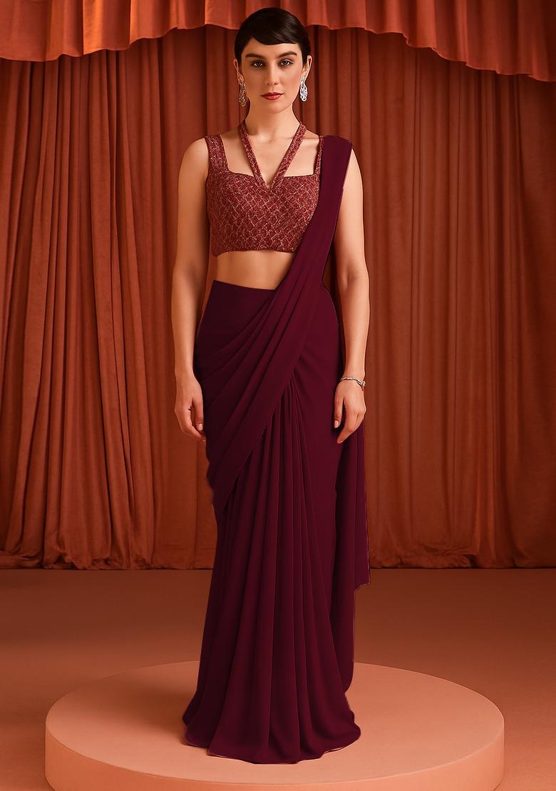 Maroon Georgette Sequin Embroidered Blouse Pre Draped Saree Set